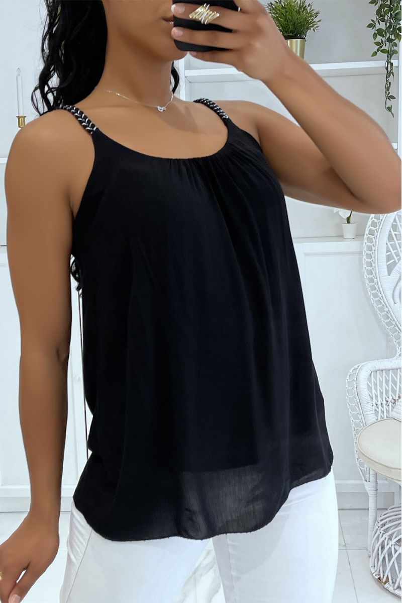 Black tank top with thin braided straps with small loose and fluid silver details - 3
