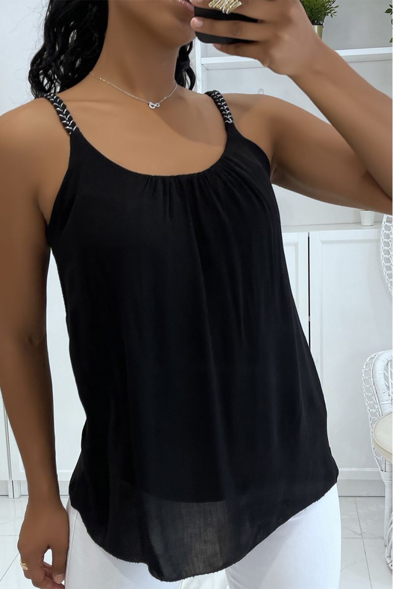Black tank top with thin braided straps with small loose and fluid silver details - 4