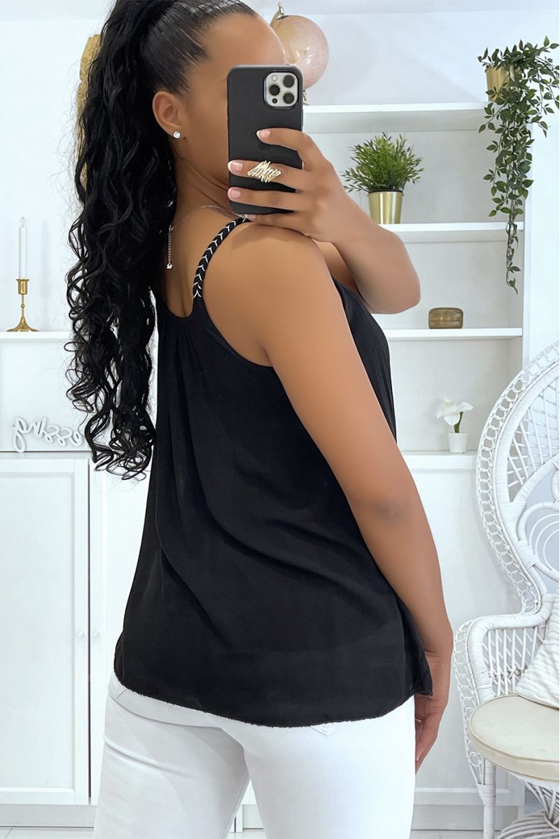 Black tank top with thin braided straps with small loose and fluid silver details - 5