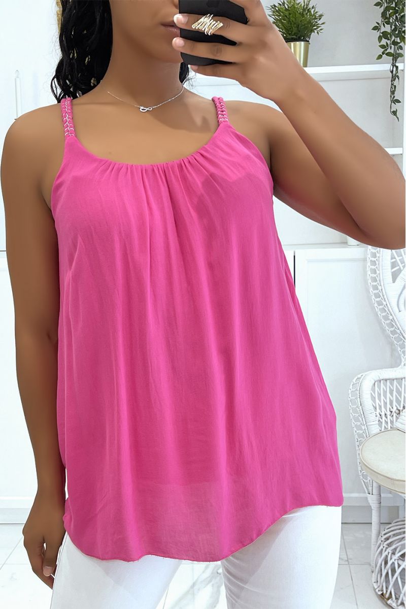 Fuchsia tank top with fine braided straps with small silver details, loose and fluid - 1