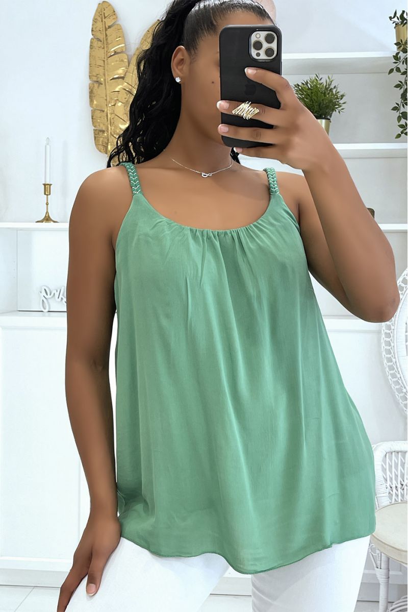 Green tank top with thin braided straps with small loose and fluid silver details - 2
