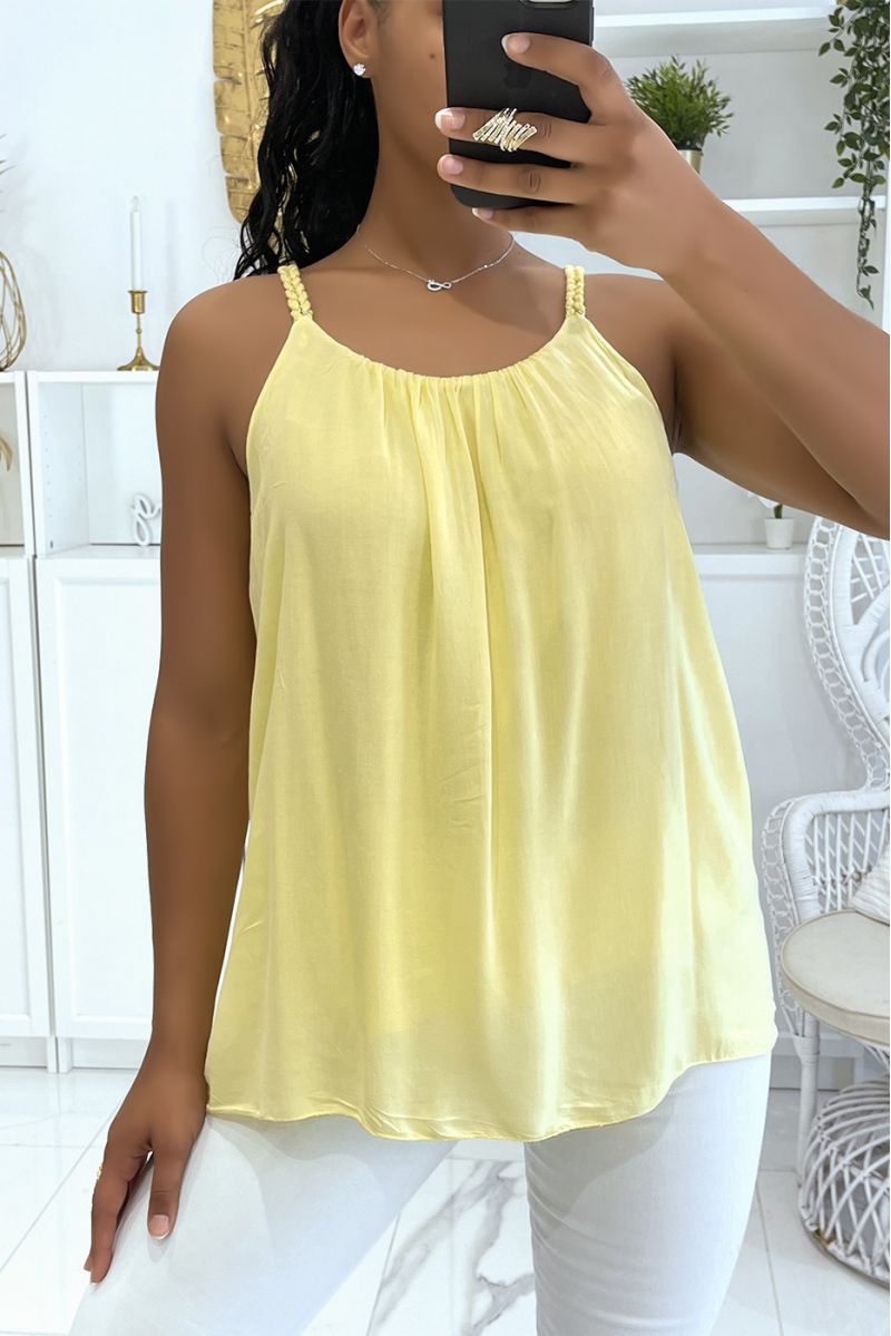 Yellow tank top with thin braided straps with small loose and fluid silver details - 1