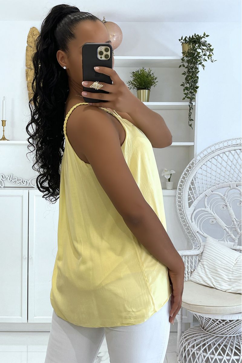 Yellow tank top with thin braided straps with small loose and fluid silver details - 3