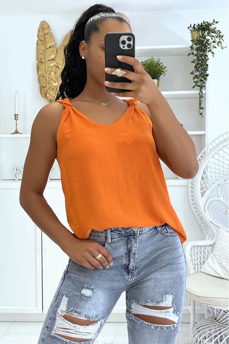 Orange tank top with fluid knot straps and lined - 3