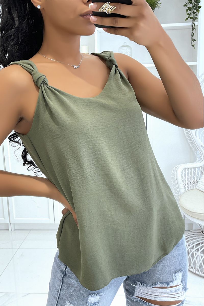 Khaki tank top with fluid knot straps and lined - 1