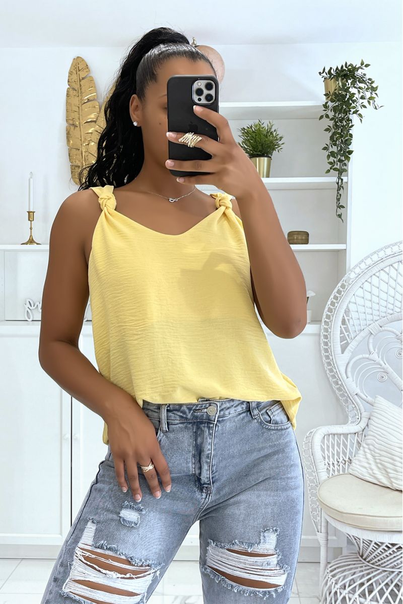Yellow tank top with fluid knot straps and lined - 3