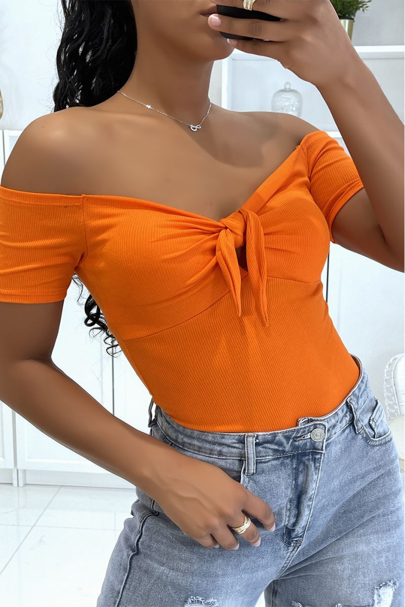 Orange cropped top with shell on the chest and pretty bow, short sleeves and bare shoulders - 1