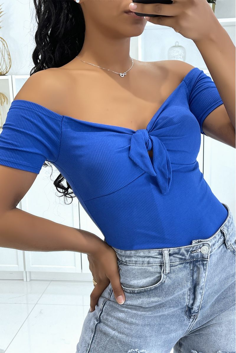 Royal cropped top with shell on the chest and pretty bow short sleeves and bare shoulders - 1