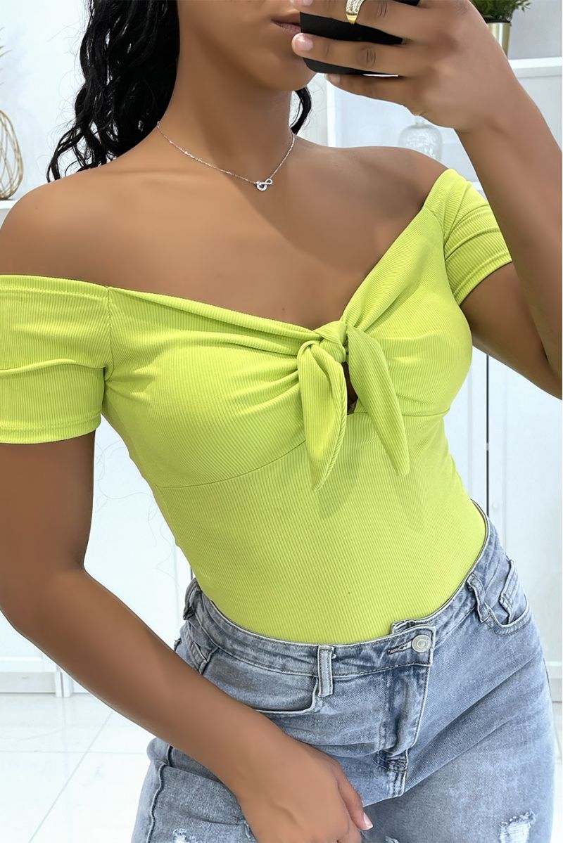 Short anise green top with shell on the chest and pretty bow, short sleeves and bare shoulders - 1