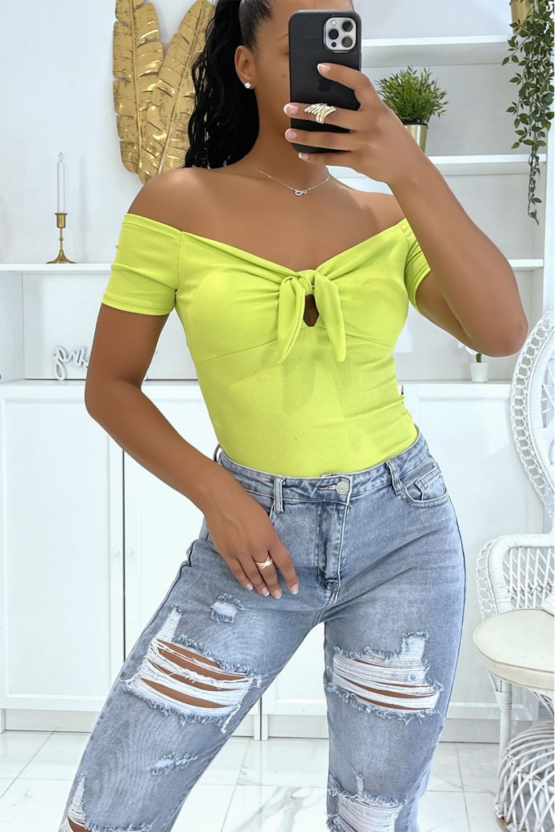 Short anise green top with shell on the chest and pretty bow, short sleeves and bare shoulders - 3
