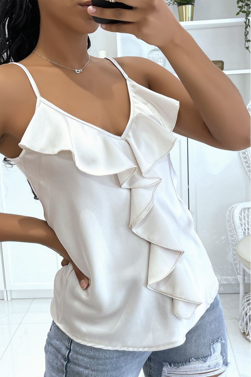 Mooie beige satijnen tanktop met dunne bandjes en ruches - 1 Mooie beige satijnen tanktop met dunne bandjes en ruches - 1