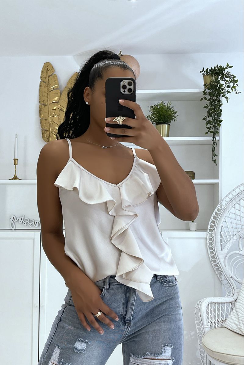 Magnifique débardeur beige satiné à bretelles fines et volants - 3