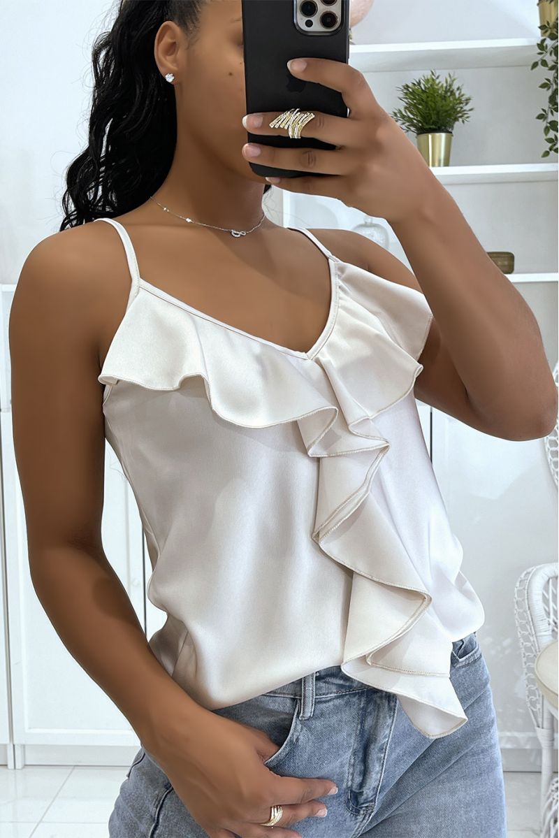 Mooie beige satijnen tanktop met dunne bandjes en ruches - 4 Mooie beige satijnen tanktop met dunne bandjes en ruches - 4