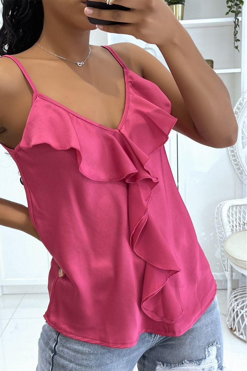 Prachtige fuchsia satijnen tanktop met dunne bandjes en ruches - 1 Prachtige fuchsia satijnen tanktop met dunne bandjes en ruches - 1