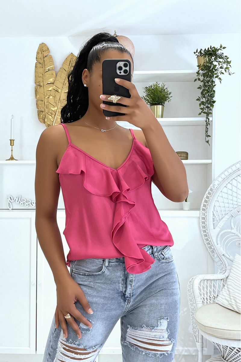 Prachtige fuchsia satijnen tanktop met dunne bandjes en ruches - 3 Prachtige fuchsia satijnen tanktop met dunne bandjes en ruches - 3