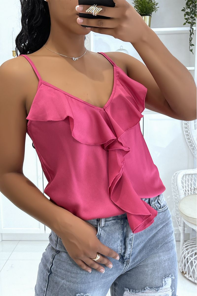 Prachtige fuchsia satijnen tanktop met dunne bandjes en ruches - 4 Prachtige fuchsia satijnen tanktop met dunne bandjes en ruches - 4