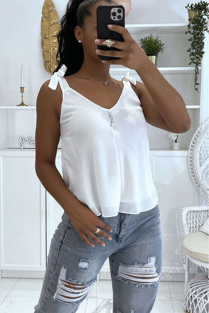 White tank top with bow on the straps and small buttons on the chest - 3