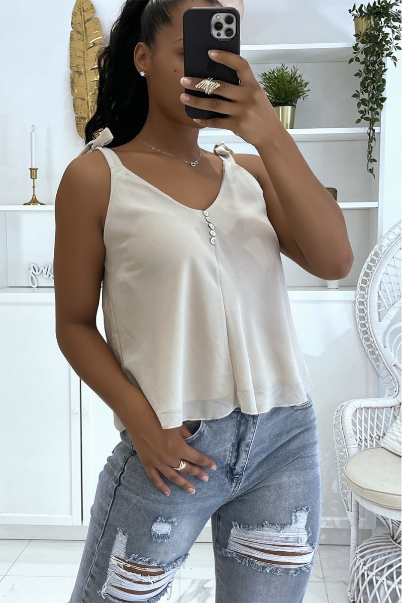 Beige tanktop met strik op de bandjes en kleine knoopjes op de borst - 3 Beige tanktop met strik op de bandjes en kleine knoopjes op de borst - 3