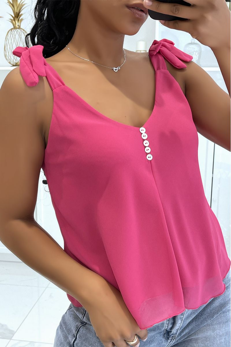 Fuchsia tanktop met strik op de bandjes en kleine knoopjes op de borst - 1