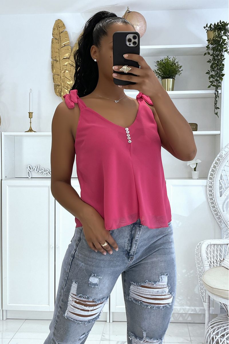 Fuchsia tank top with bow on the straps and small buttons on the chest - 3