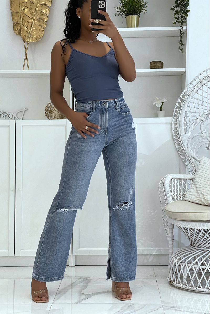 Blue high waist jeans with bell bottom slits on the ankles and ripped on the knees - 1
