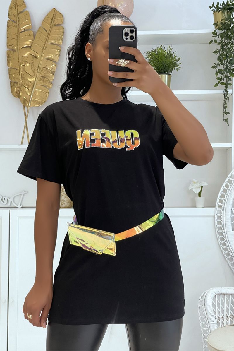 Oversized black t-shirt with "Queen" writing on the chest and pretty neon banana belt - 2