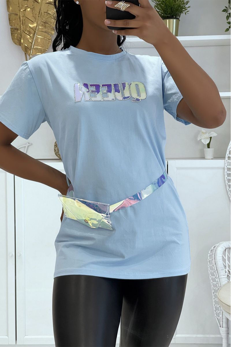 Oversized turquoise T-shirt with "Queen" writing on the chest and pretty neon banana belt - 2
