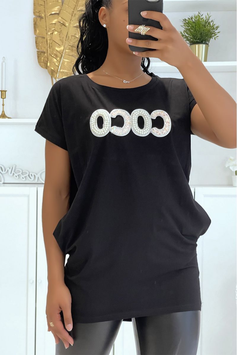 Black oversized longline coco t-shirt with pearls on the chest - 1