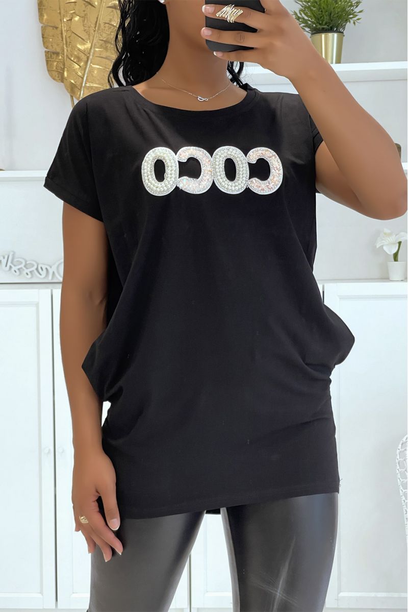 T-shirt noir coco oversize long à perles sur la poitrine  - 2