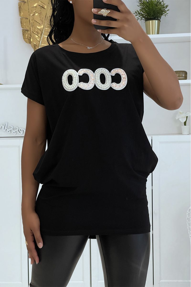 Black oversized longline coco t-shirt with pearls on the chest - 3