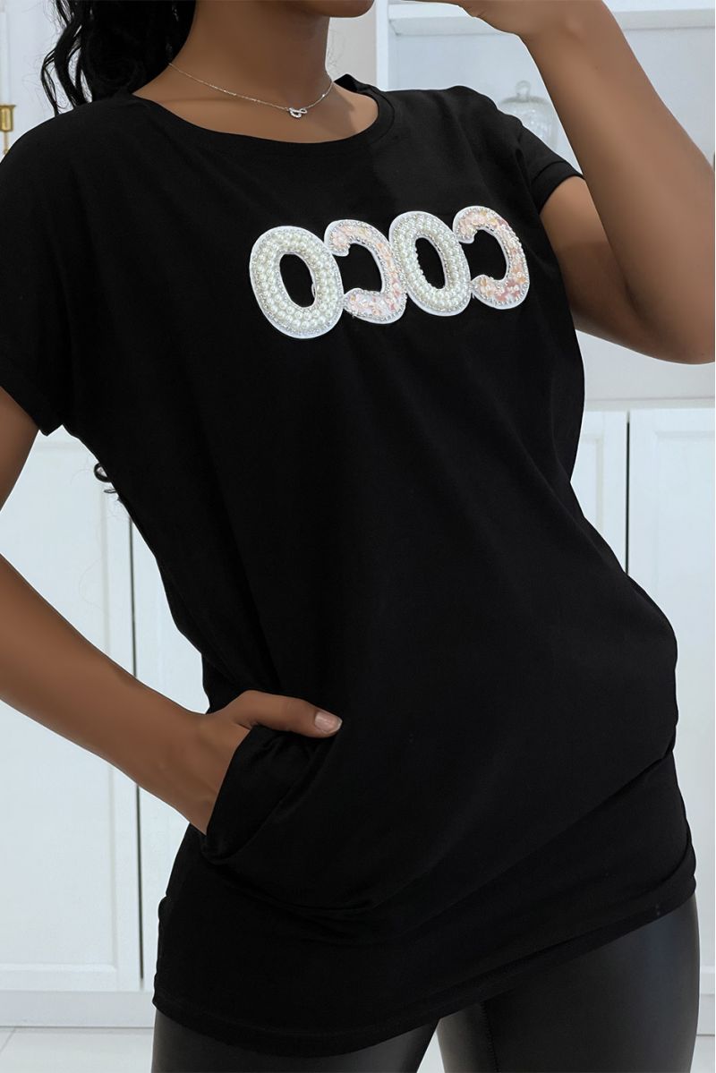 Black oversized longline coco t-shirt with pearls on the chest - 6