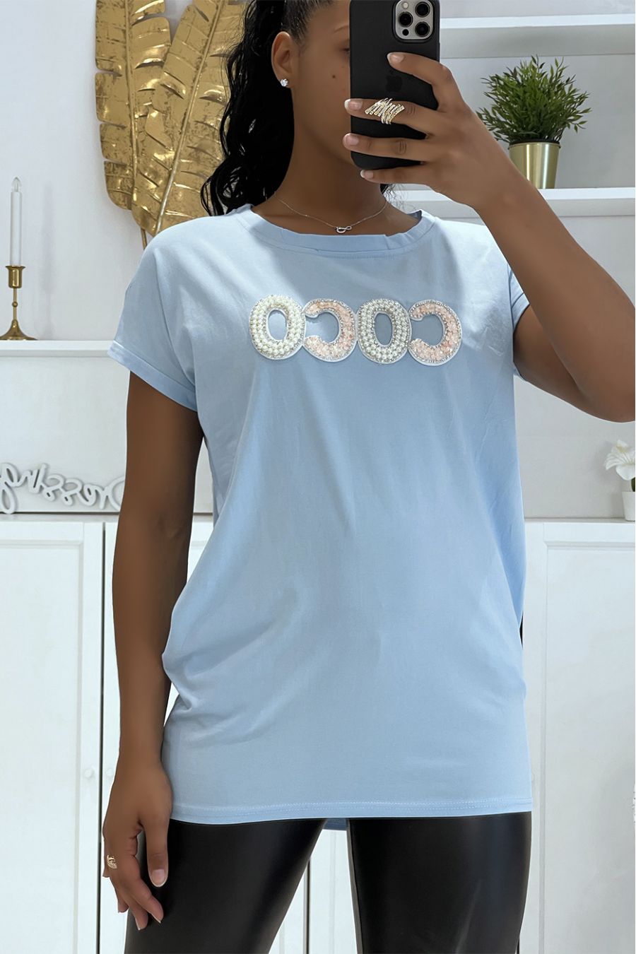 T-shirt turquoise coco oversize long à perles sur la poitrine  - 1