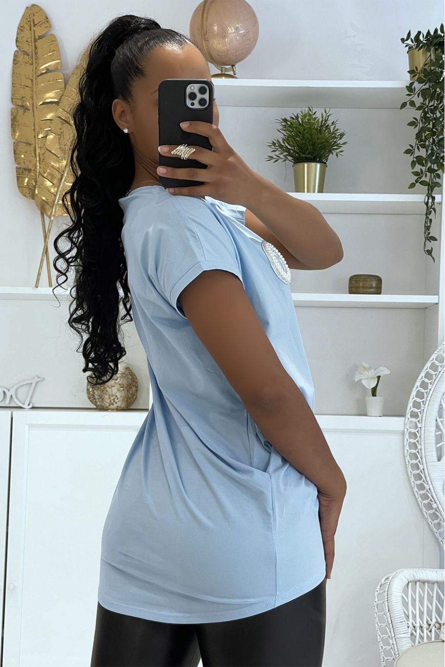 Turquoise oversized longline t-shirt met parels op de borst - 3