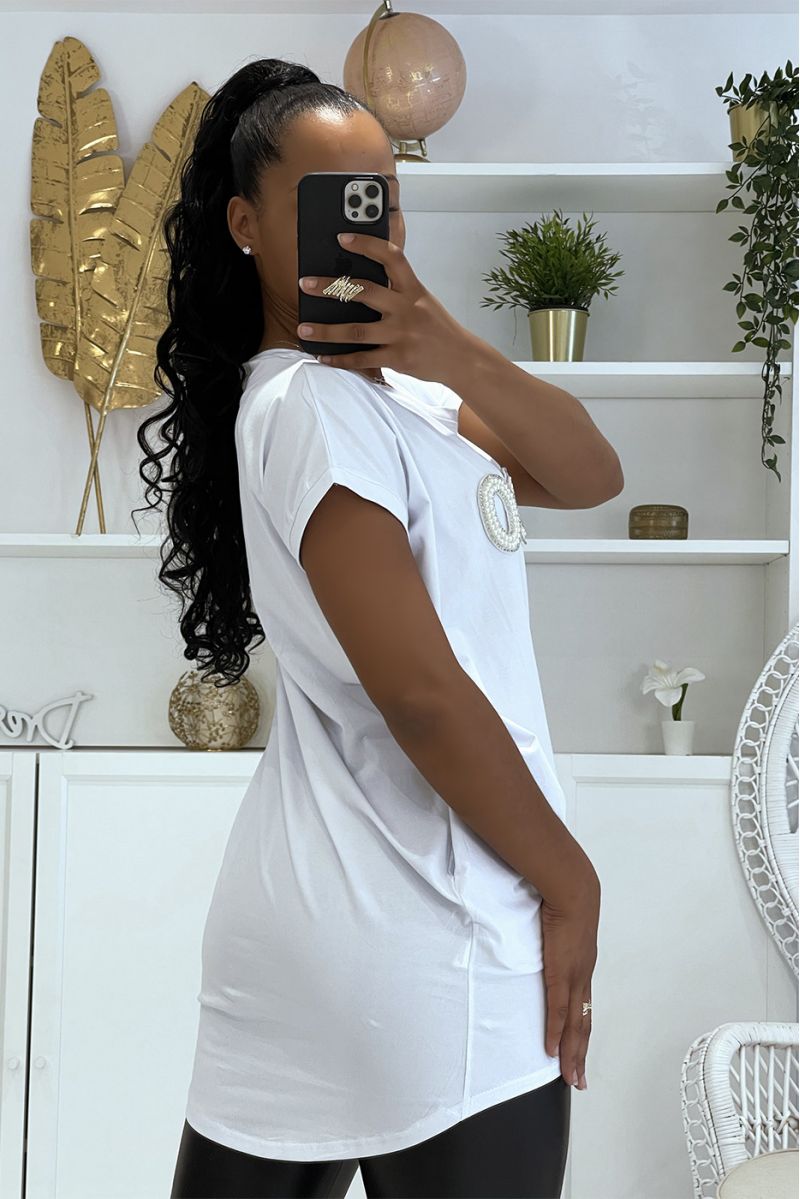 T-shirt blanc coco oversize long à perles sur la poitrine  - 3