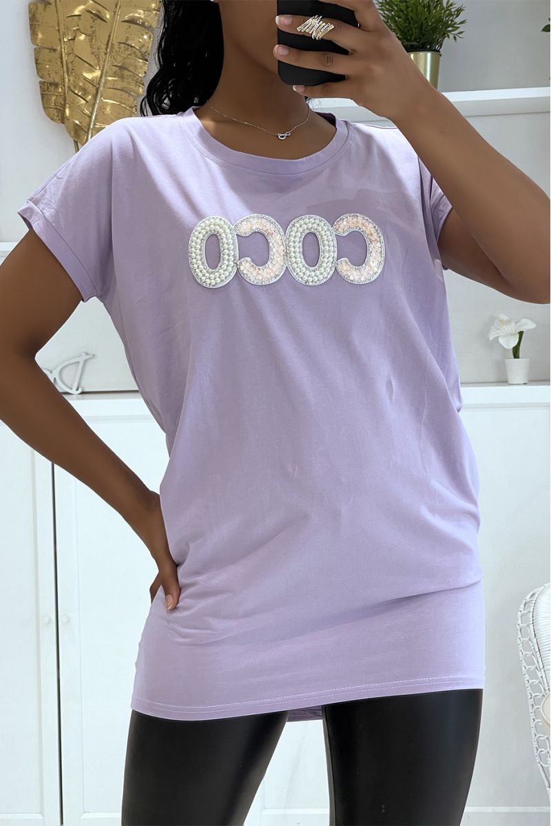 T-shirt lilas coco oversize long à perles sur la poitrine  - 1