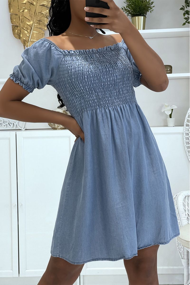 Blue denim effect dress bardot collar elasticated chest straight fit - 6