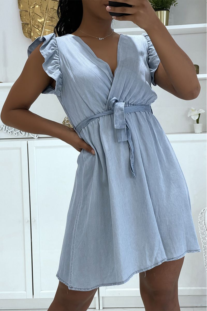 Sky blue dress with ruffled wrap style blue jeans effect - 5