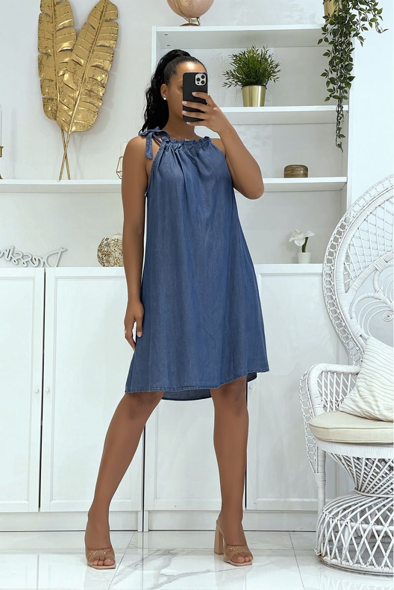 Denim-effect navy blue dress with elastic stand-up collar and wide straps - 1