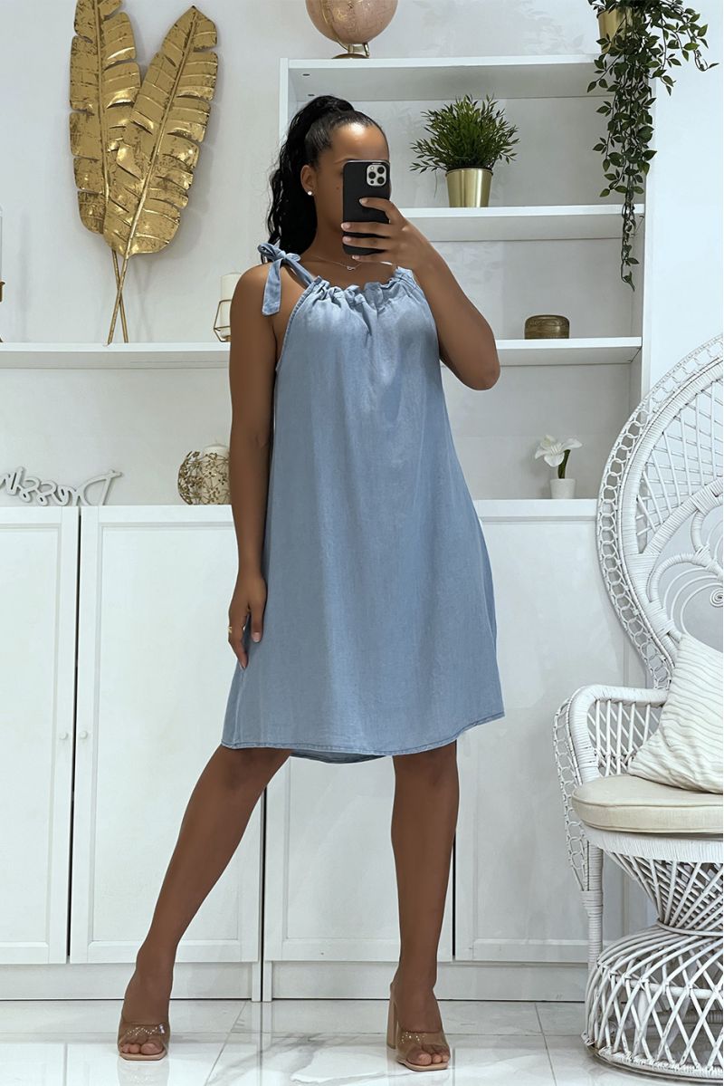 Sky blue denim effect dress with elastic high neck and wide straps - 1