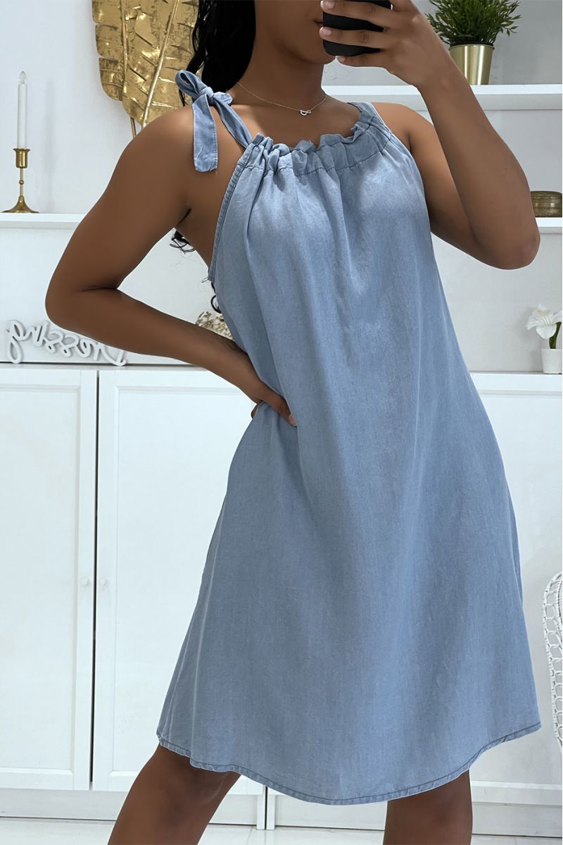 Sky blue denim effect dress with elastic high neck and wide straps - 5