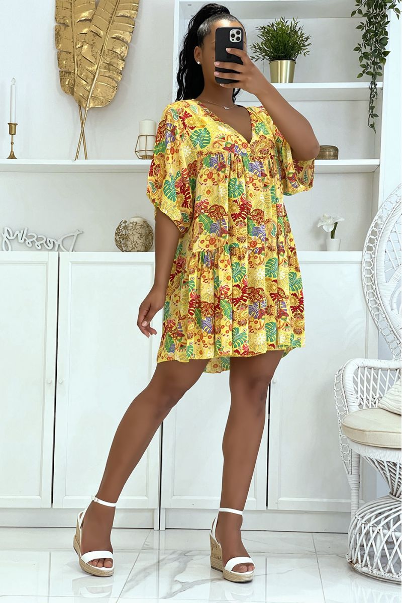 Yellow tunic dress with multicolored oriental print and loose and comfortable V-neck    - 4