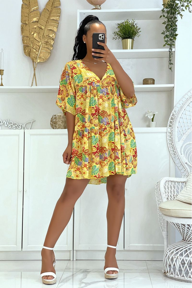 Robe tunique jaune à imprimé oriental multicolore et col V à la fois ample et confortable    - 5