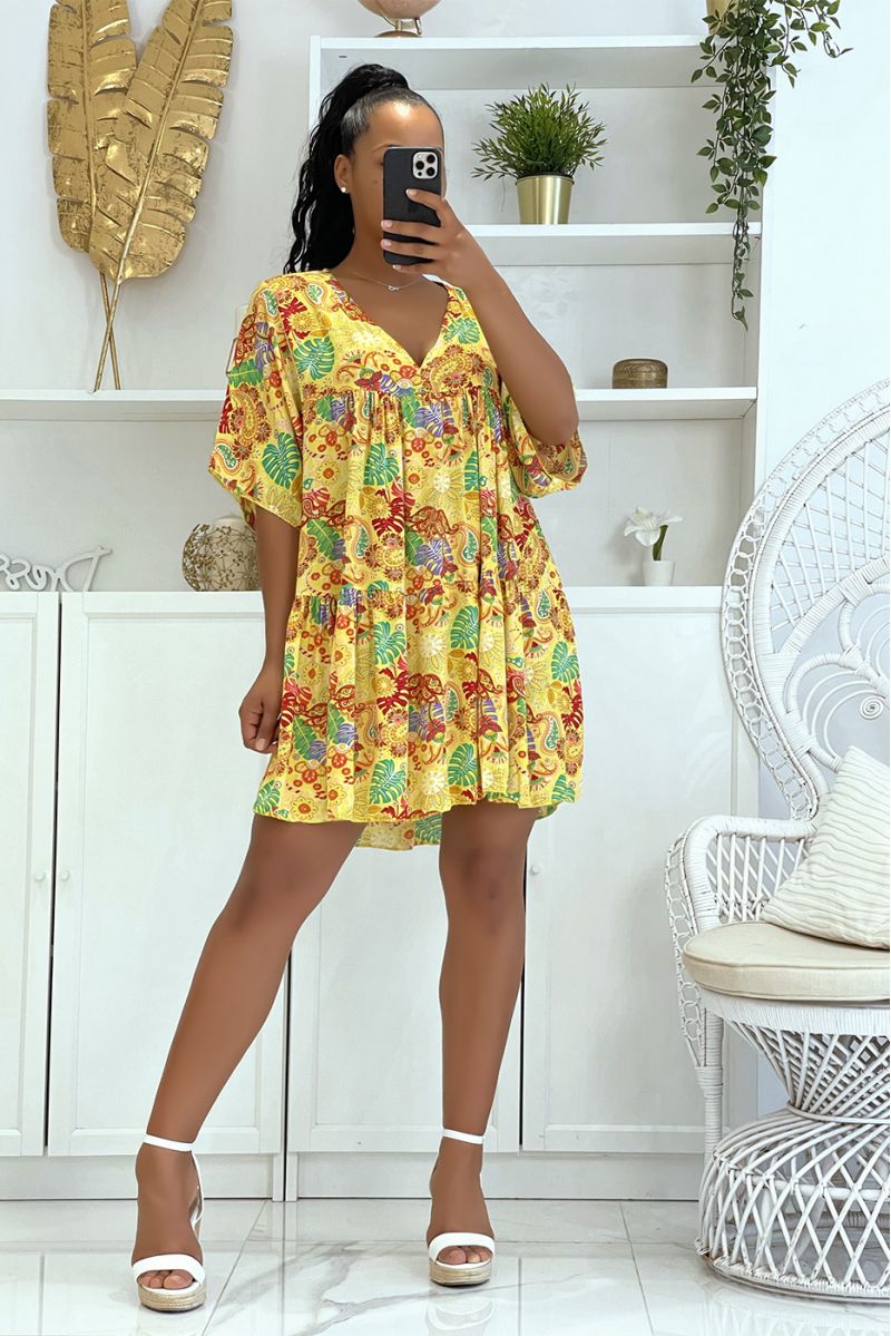 Yellow tunic dress with multicolored oriental print and loose and comfortable V-neck    - 6