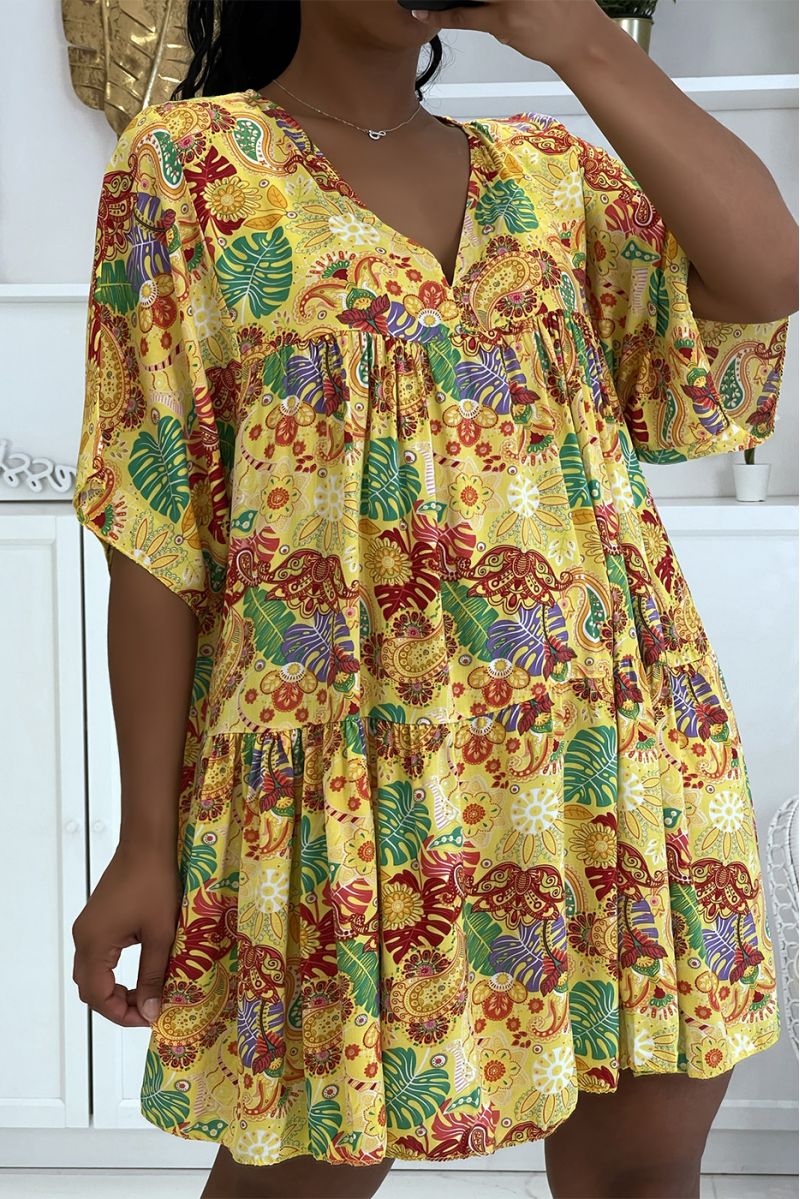 Yellow tunic dress with multicolored oriental print and loose and comfortable V-neck    - 7