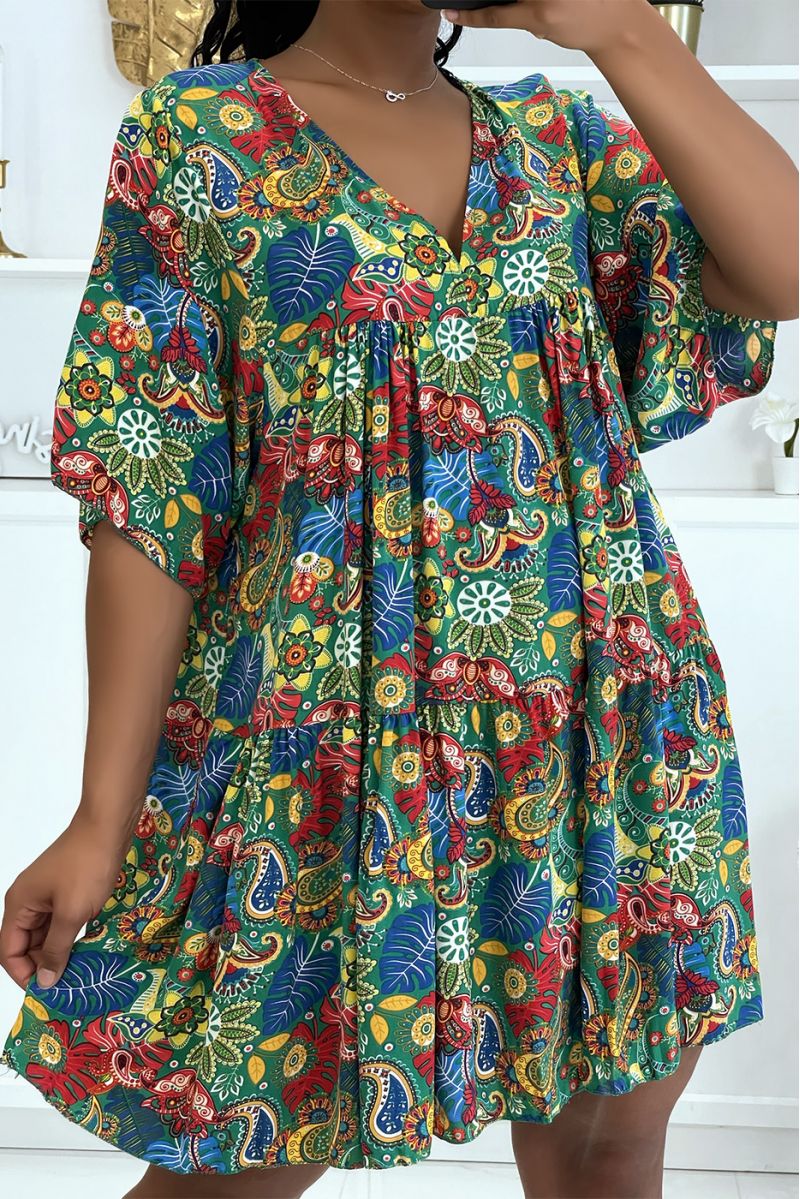 Green tunic dress with multicolored oriental print and loose and comfortable V-neck - 1