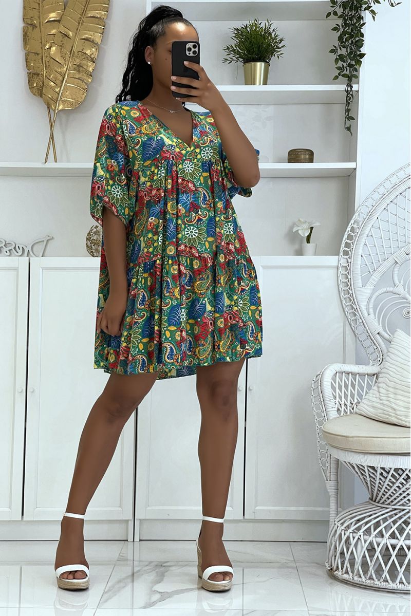 Green tunic dress with multicolored oriental print and loose and comfortable V-neck - 6