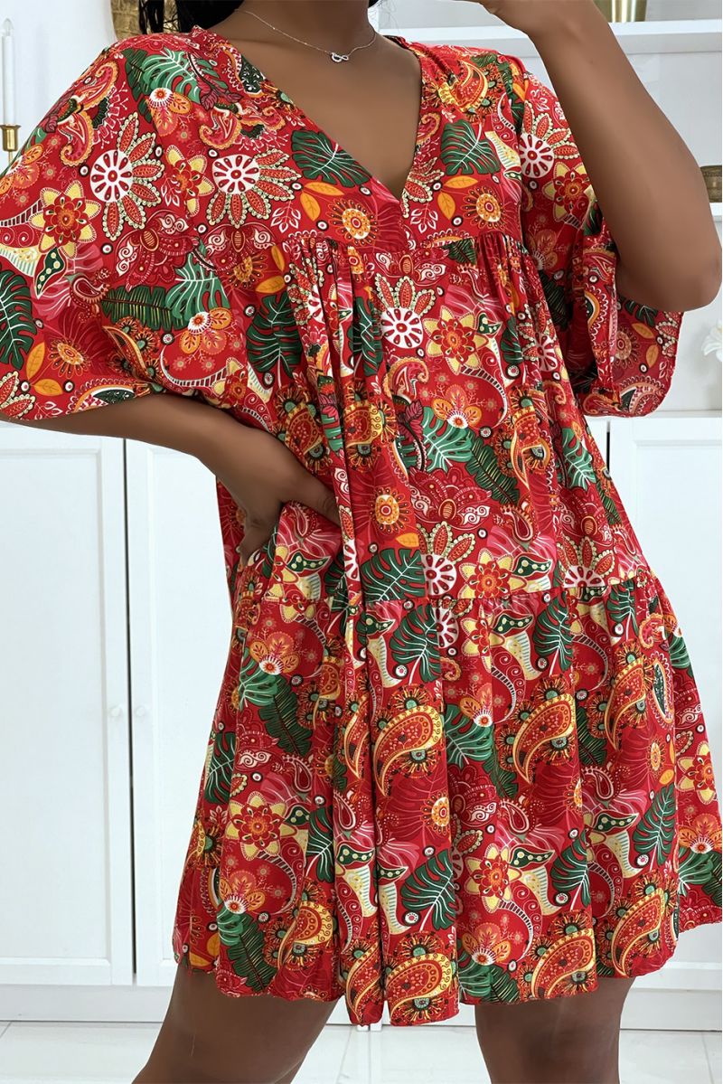 Red tunic dress with multicolored oriental print and loose and comfortable V-neck    - 1