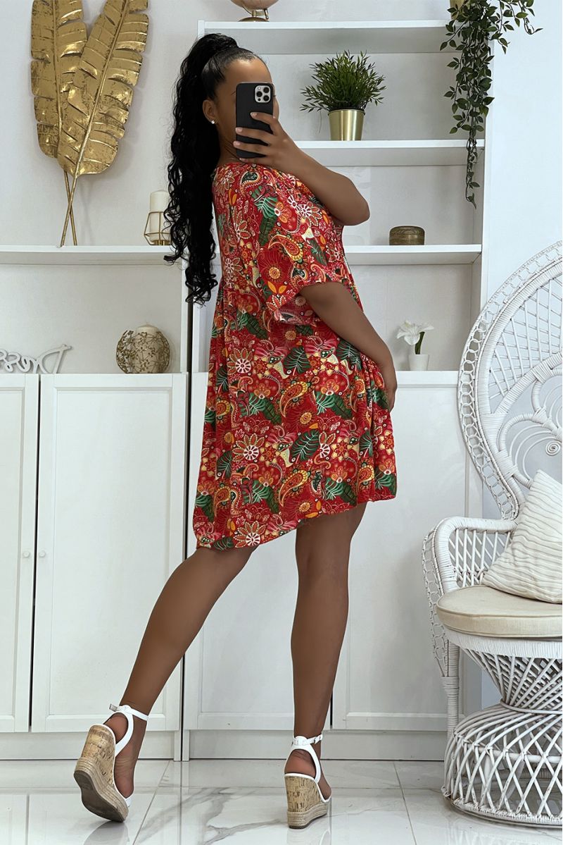 Red tunic dress with multicolored oriental print and loose and comfortable V-neck    - 2