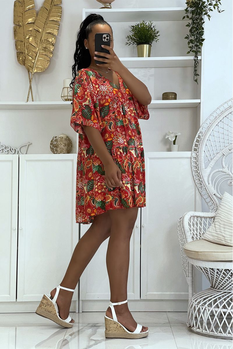 Red tunic dress with multicolored oriental print and loose and comfortable V-neck    - 3