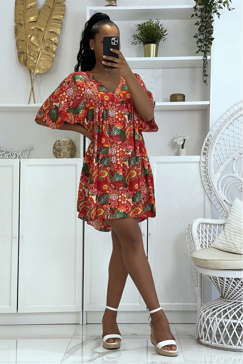 Red tunic dress with multicolored oriental print and loose and comfortable V-neck    - 4